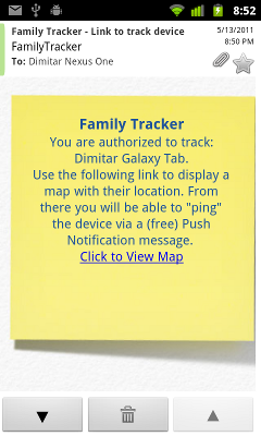 A screenshot of the automatic confirmation email with the link to track the device via the web browser